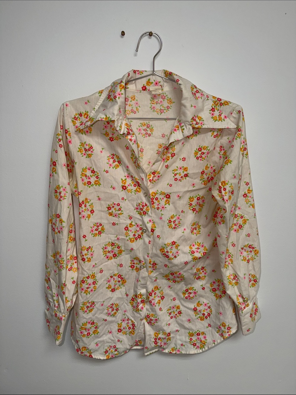Cream Floral Button-Up Shirt with Pink & Yellow Flowers